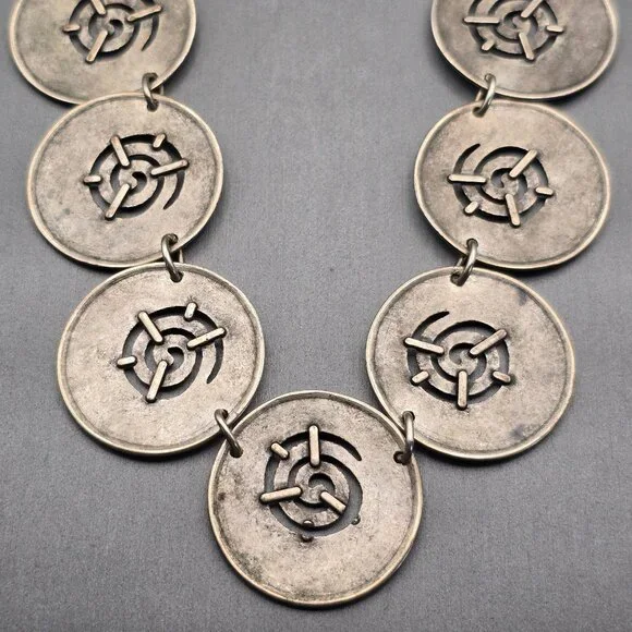 VTG Swirl Disc Medallion Statement Necklace 16" Antique Silver-Plate Adjustable - Picture 7 of 13
